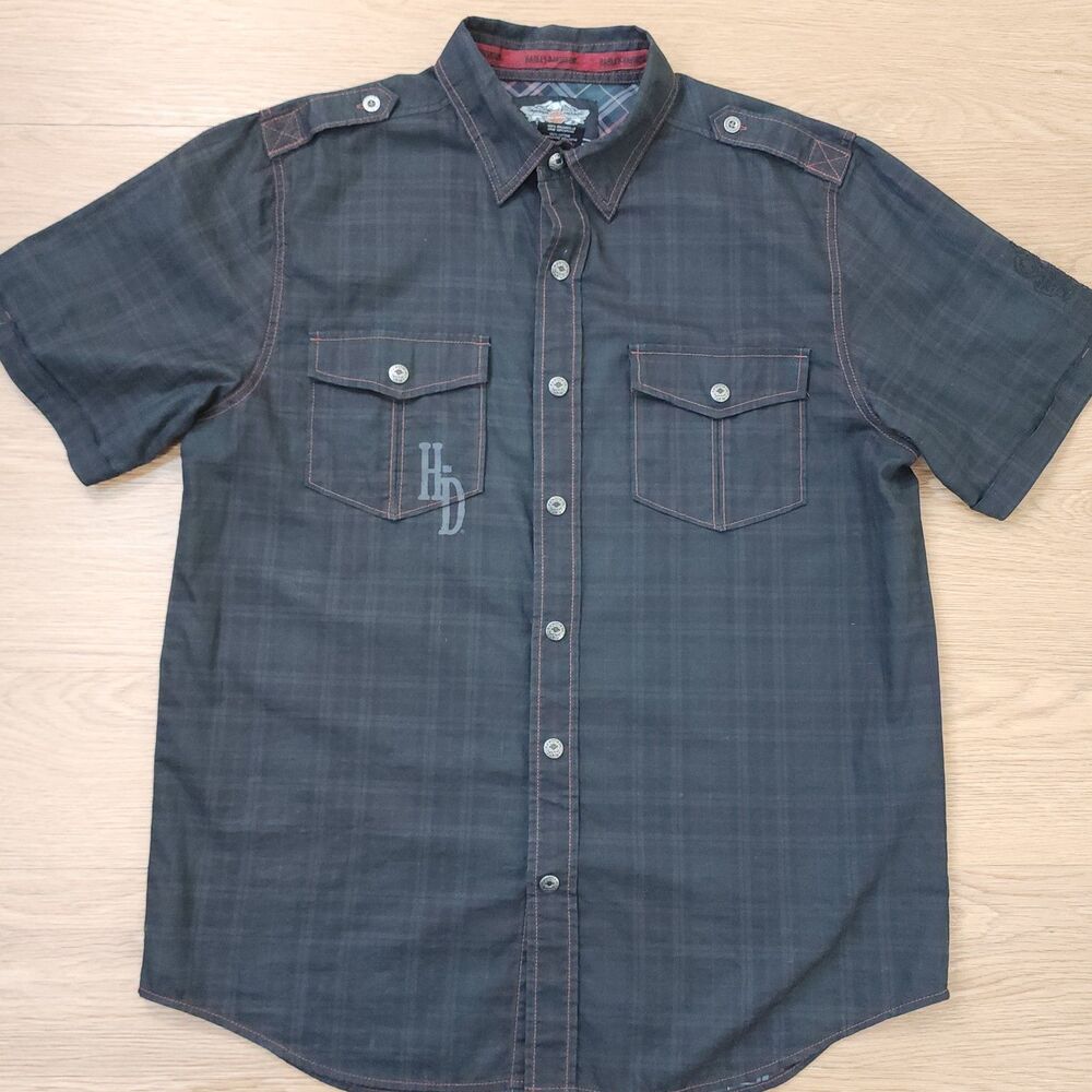 Harley Davidson Motorcycle Shirt Mens L Short Sleeve Snap Button Embroidered